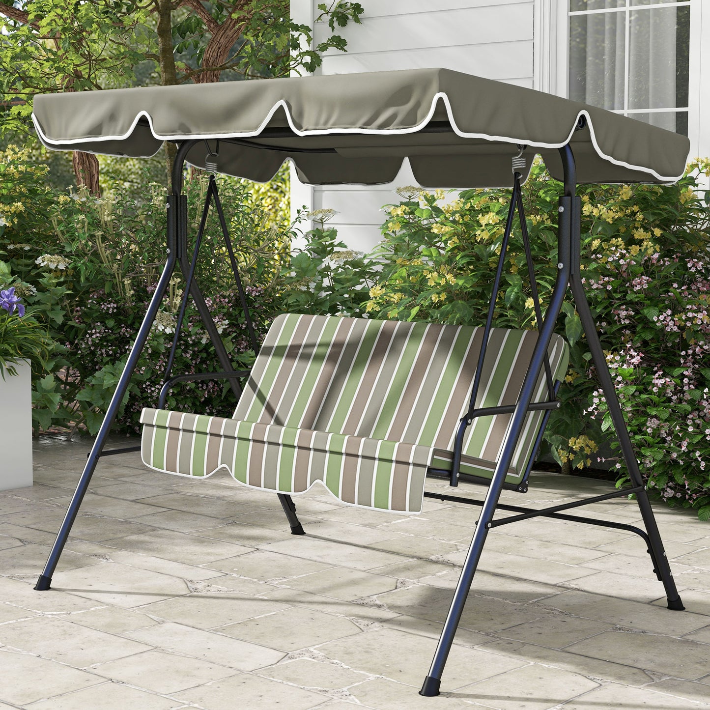 Three-Seater Garden Swing Chair, with Adjustable Canopy - Green