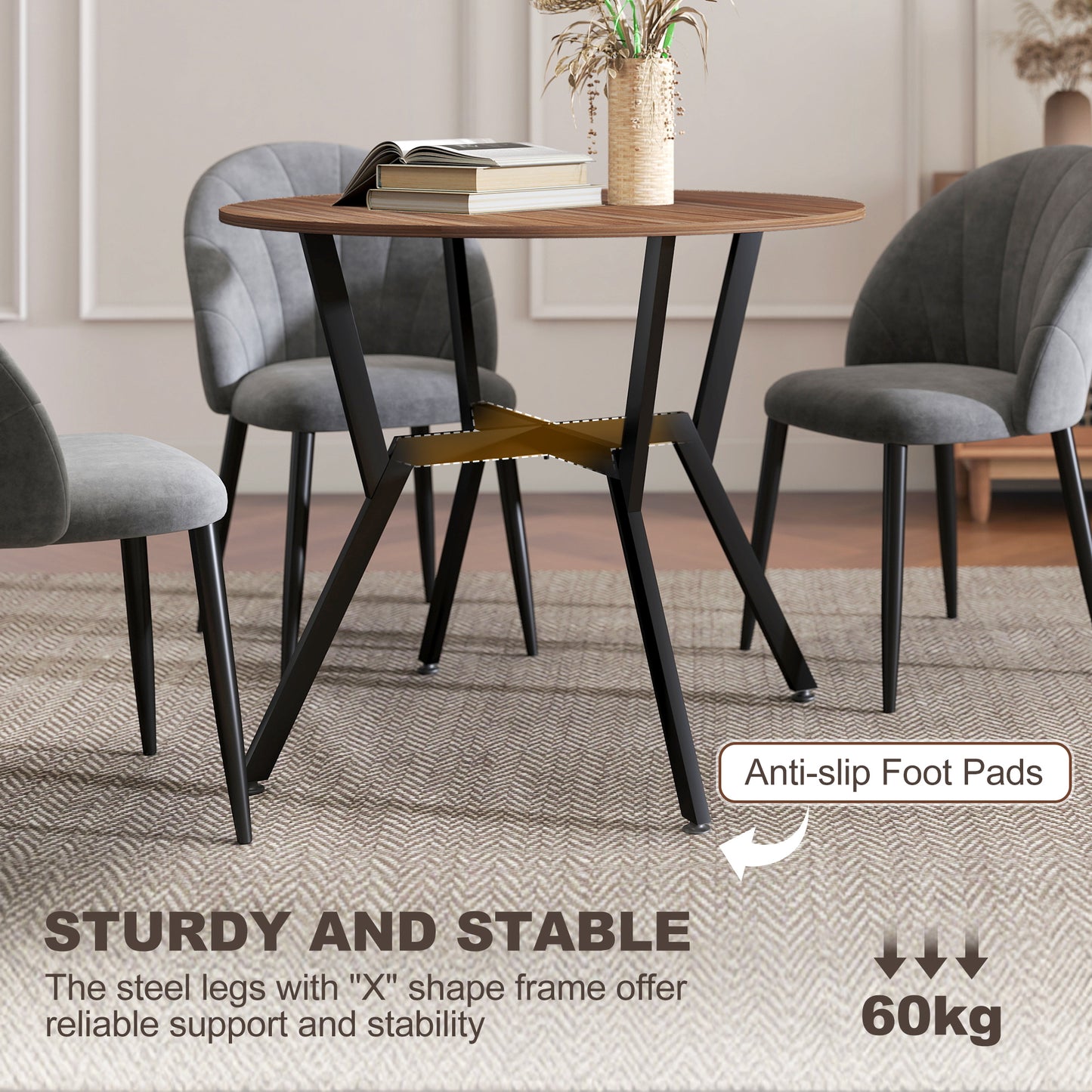 Dining Table, Round Kitchen Table with Black Legs, Anti-slip Foot Pads for Living Room, Dining Room 90 x 76 cm, Brown
