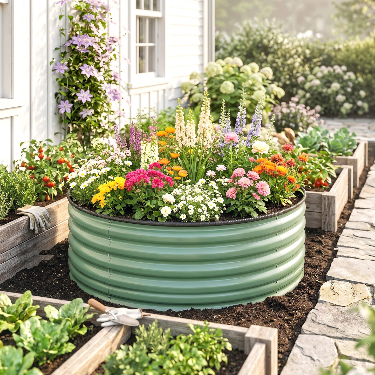 Galvanised Raised Garden Bed with Safety Edging, Outdoor Raised Planter Box with Gloves, 120 x 120 x 43cm, Light Green