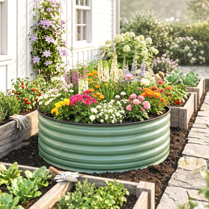 Galvanised Raised Garden Bed with Safety Edging, Outdoor Raised Planter Box with Gloves, 120 x 120 x 43cm, Light Green