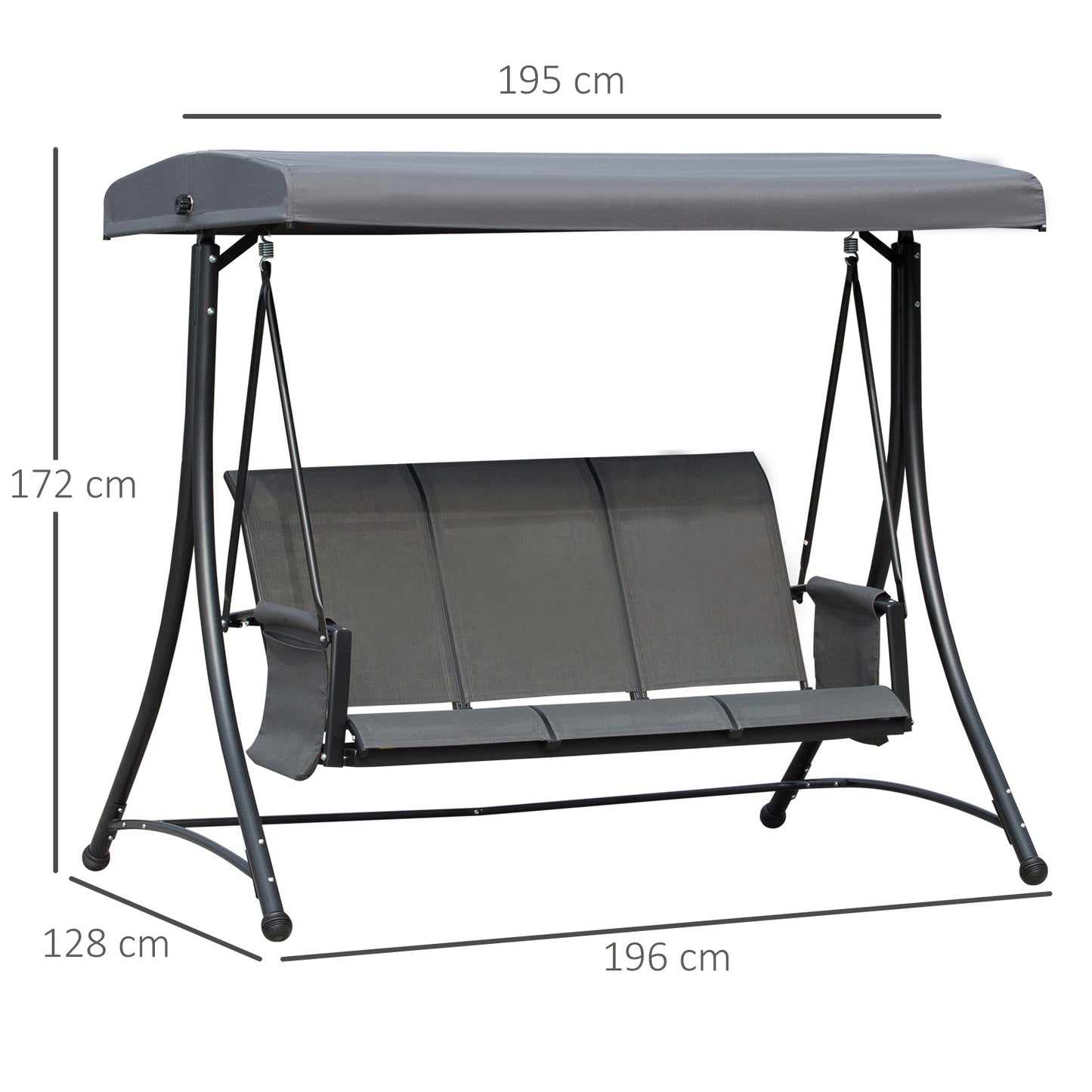 3 Person Outdoor Patio Porch Swing Chair with High Back Design and Side Pouches, Charcoal Grey