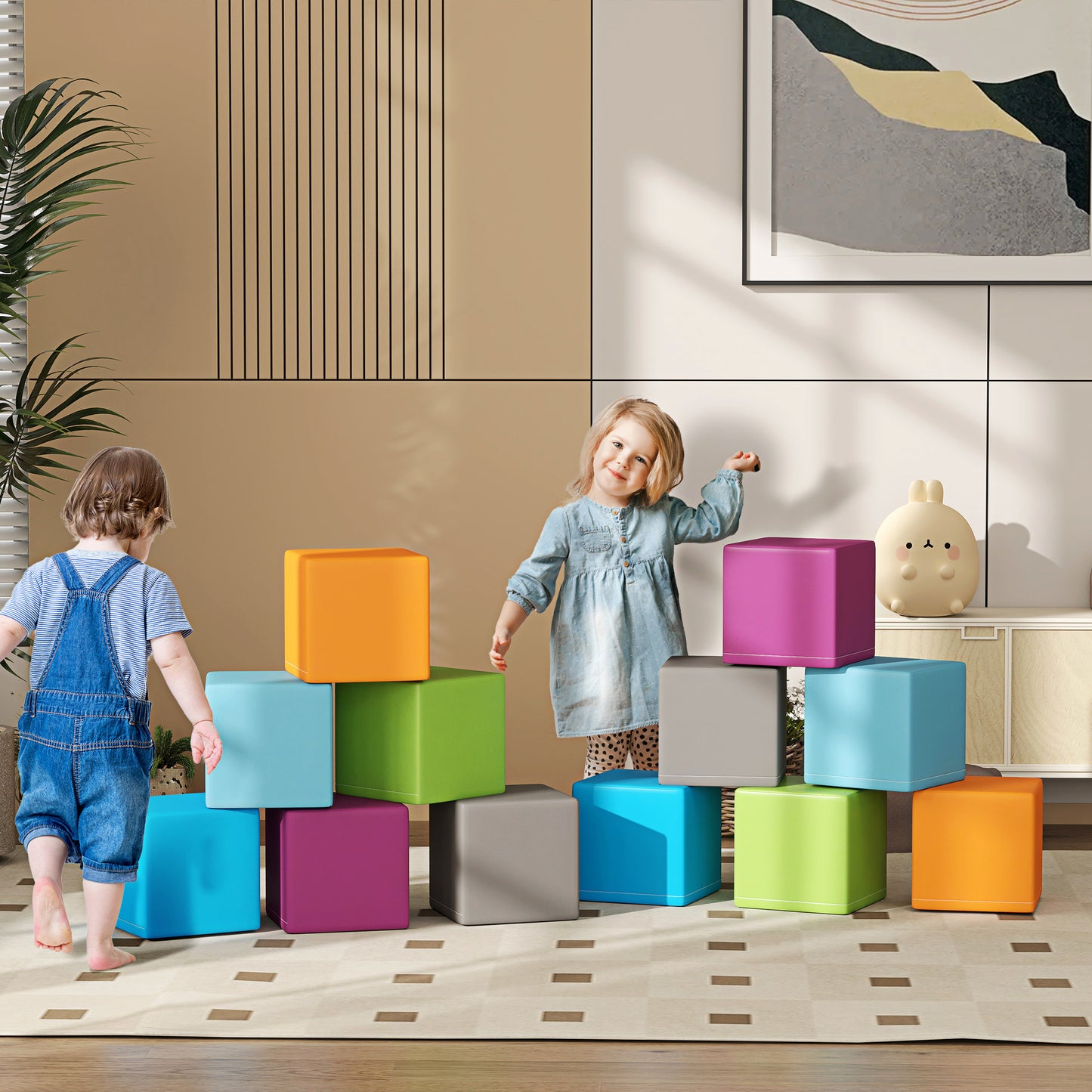 12 PCs Soft Play Blocks, Soft Foam Toy, Building and Stacking Blocks for Kids, Grey