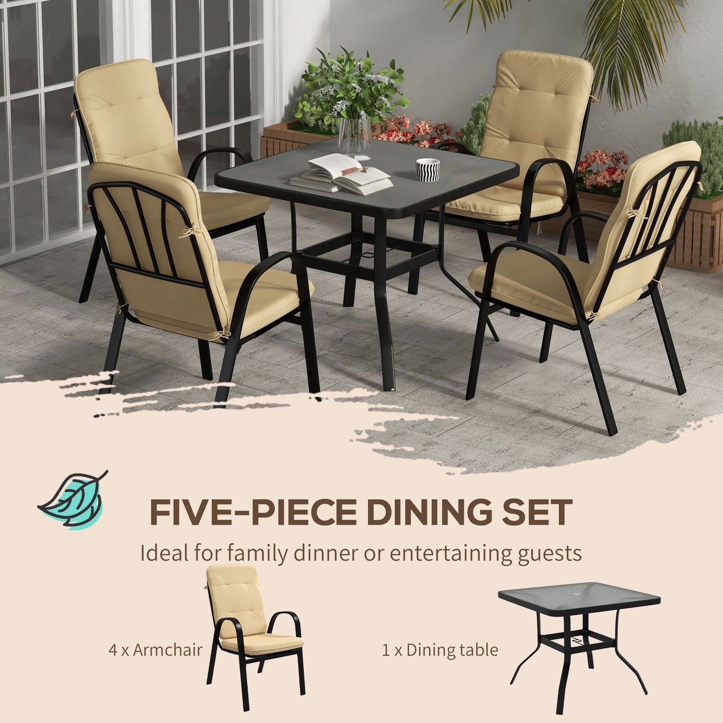 5 Pieces Outdoor Square Garden Dining Set for Small Garden with Tempered Glass Dining Table 4 Cushioned Armchairs