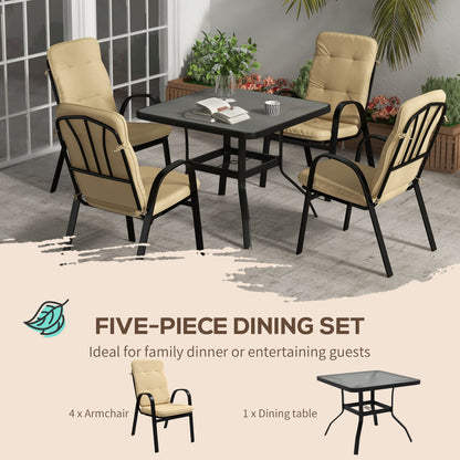 5 Pieces Outdoor Square Garden Dining Set for Small Garden with Tempered Glass Dining Table 4 Cushioned Armchairs