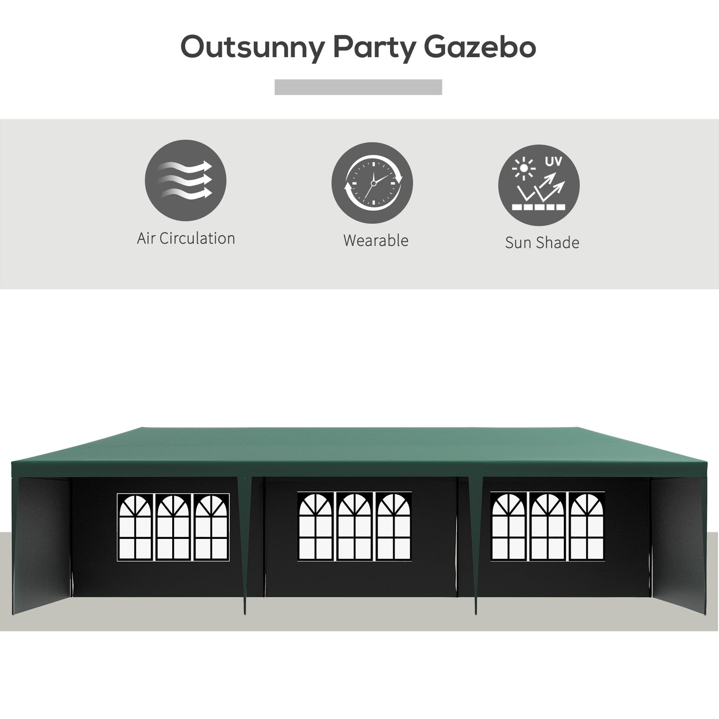 9 x 3 m Party Tent Gazebo Marquee Outdoor Patio Canopy Shelter with Windows and Side Panels Dark Green
