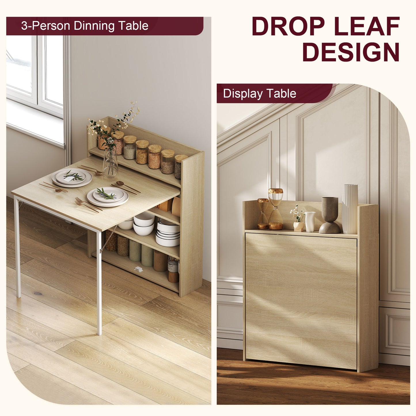 Kitchen Table, Folding Dining Table, with 4-Tier Shelves, Modern Drop-Leaf Table, Oak Wood Effect