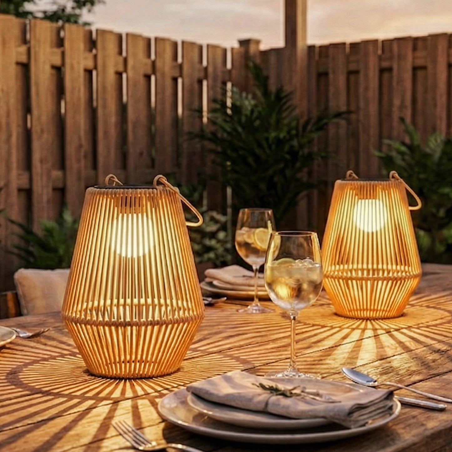 Hanging Solar Lanterns, 2 Pack Rattan Solar Lights with Handle for Patio, Pathway, Terrace, Auto On/Off, Brown