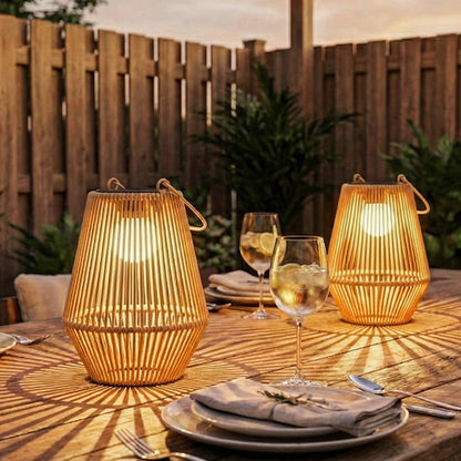 Hanging Solar Lanterns, 2 Pack Rattan Solar Lights with Handle for Patio, Pathway, Terrace, Auto On/Off, Brown