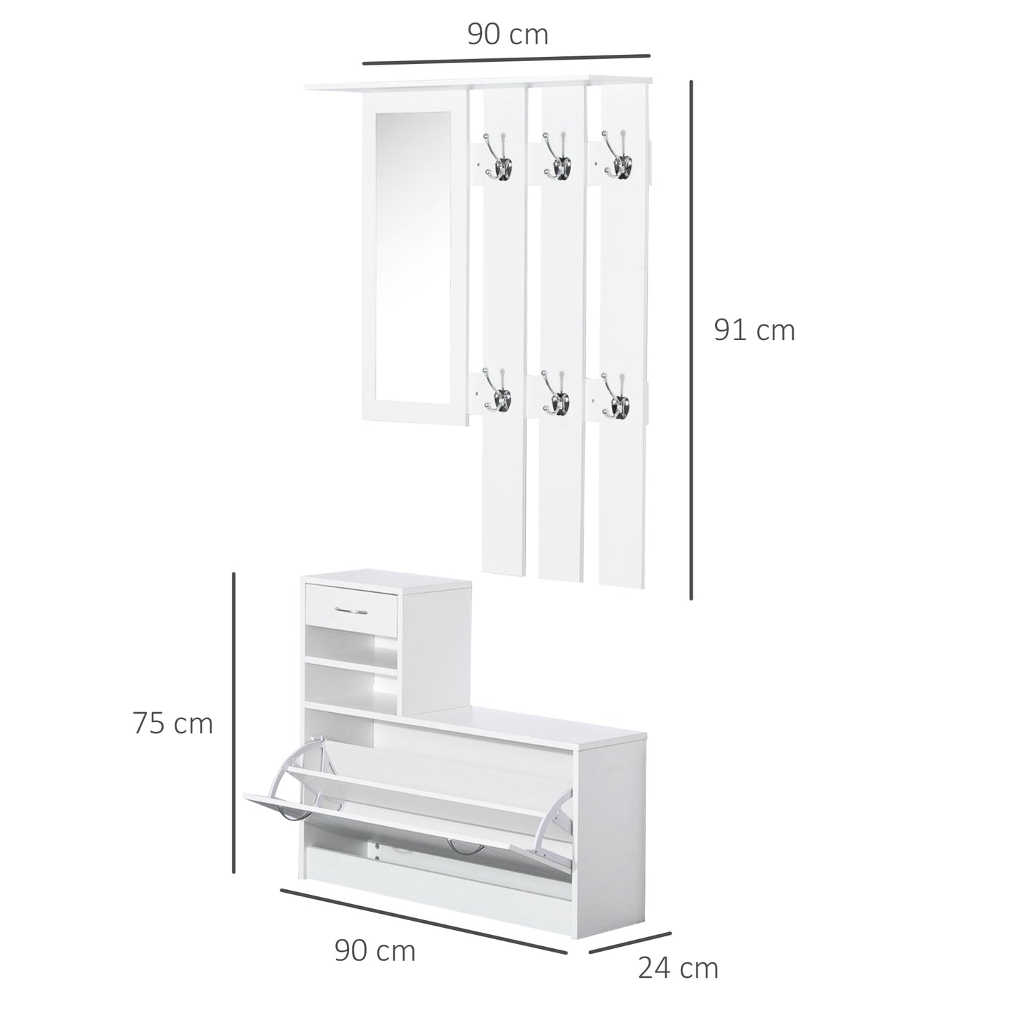 2PC Shoes Storage Chest Cloths Rack Unit w/Mirror Multiple Shelves Large Storage Capacity Shoes Cabinet 6 Hooks Cloth Rack Wh