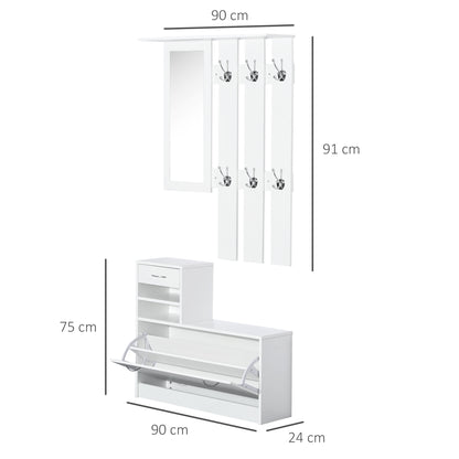 2PC Shoes Storage Chest Cloths Rack Unit w/Mirror Multiple Shelves Large Storage Capacity Shoes Cabinet 6 Hooks Cloth Rack Wh