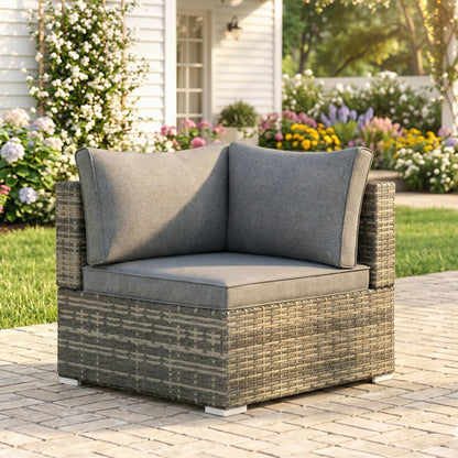 Outdoor PE Rattan Corner Sofa, Garden Wicker Furniture Single Sofa Chair w/ Cushions, Light Grey