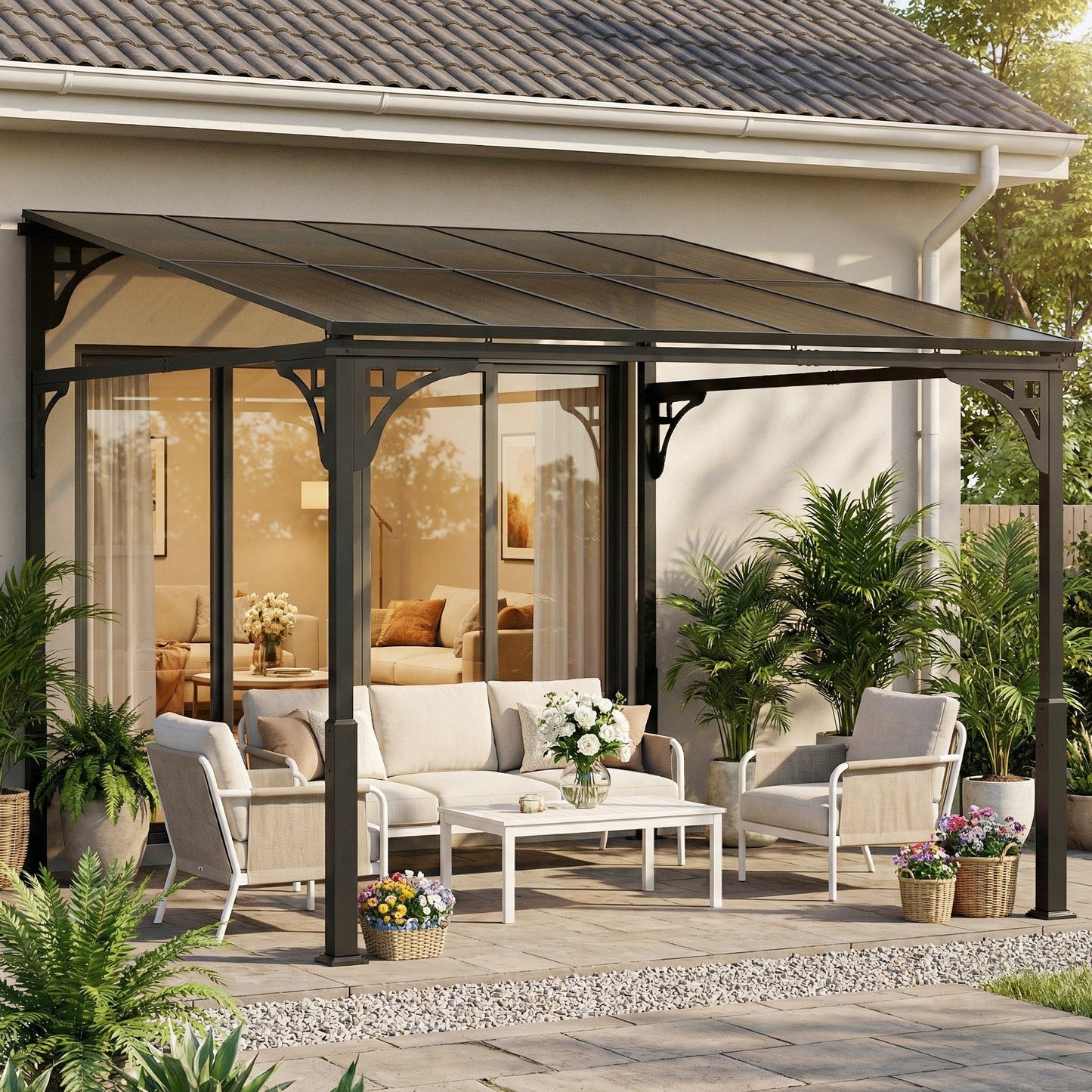 3 x 2.87 m Metal Lean-to Pergola, Wall-Mounted Hardtop Garden Pergola with Polycarbonate Roof and Metal-Aluminium Frame