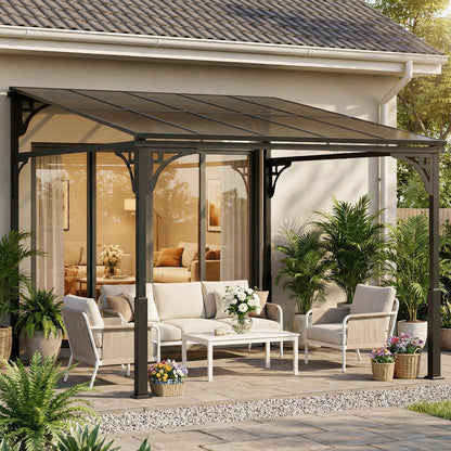 3 x 2.87 m Metal Lean-to Pergola, Wall-Mounted Hardtop Garden Pergola with Polycarbonate Roof and Metal-Aluminium Frame
