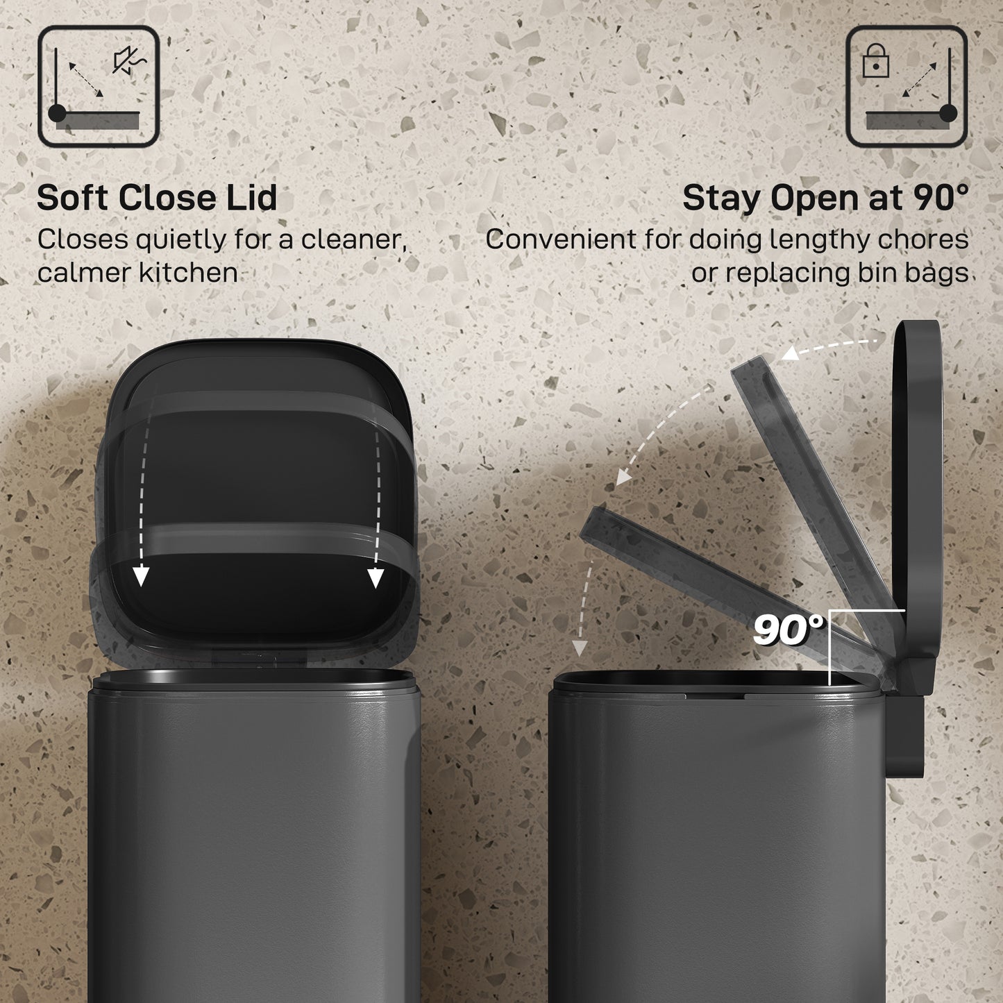 30L Kitchen Bin, Compact Pedal Bin with Soft-Close and Stay-Open Lid, Removable Bucket for Kitchen, Home, Office, Black