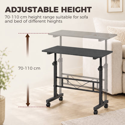 Overbed Table Adjustable Height Sofa Side Table with Wheels 80 x 40 cm Black