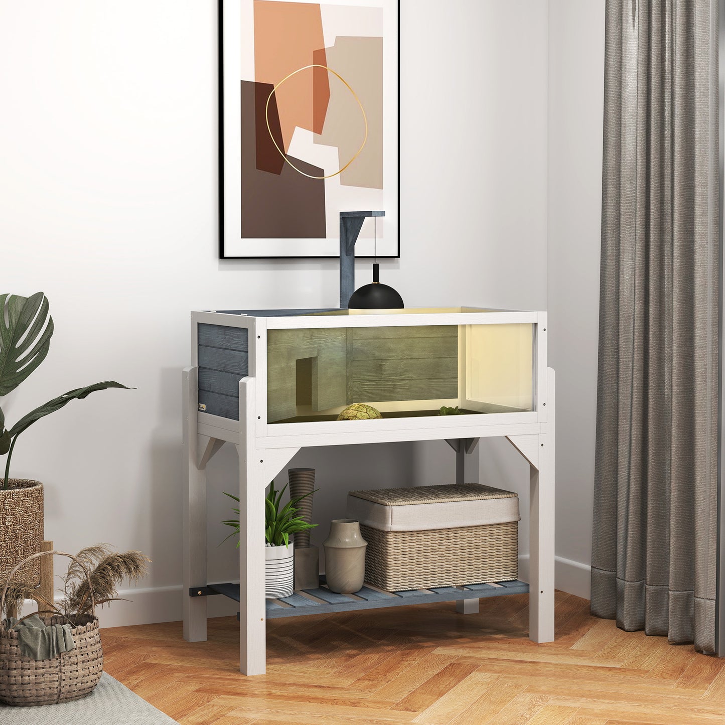Wooden Tortoise House with Storage Shelf, Clear Observation Windows, Lamp Holder, Openable Top, Built-in Tray, Grey