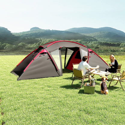4-6 Man Family Camping Tent w/ 2 Bedrooms and a Living Room, Waterproof Tunnel Tent w/ Sewn In Groundsheet, Doors, Windows