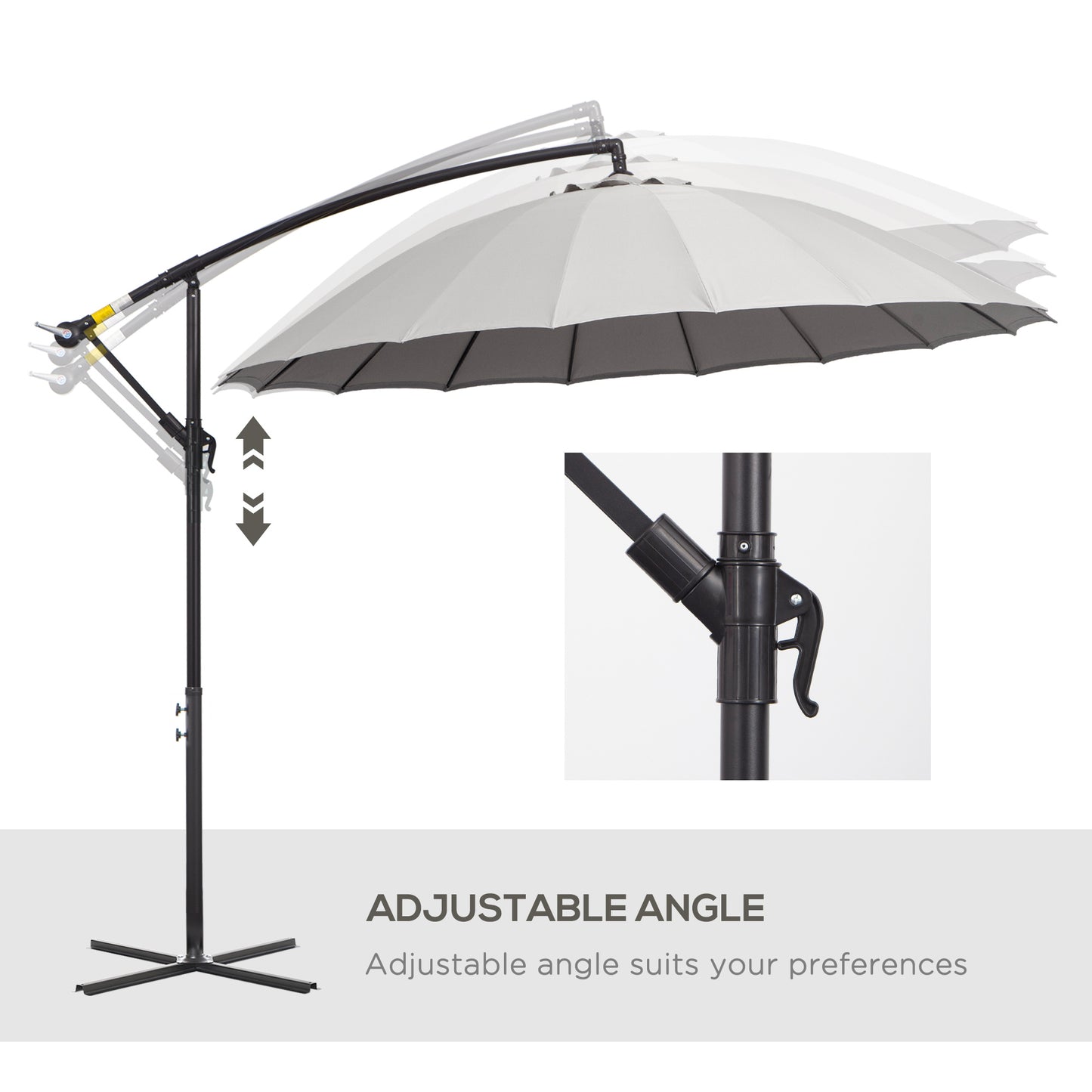 3(m) Cantilever Umbrella 18 Ribs & Vents Adjustable Angle for Patio Light Grey