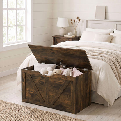100L Home Storage Box, with Safety Hinge - Rustic Brown Wood-Effect