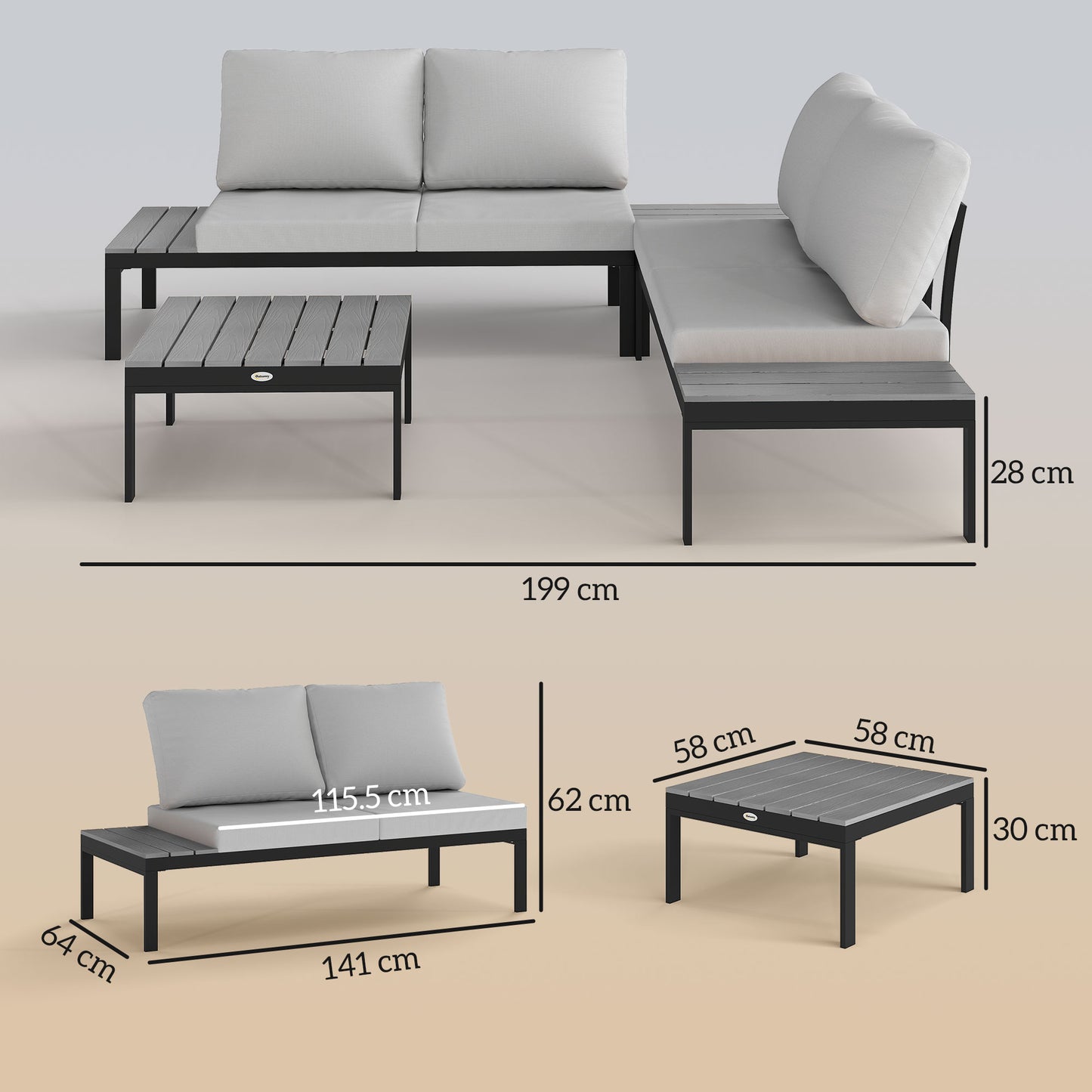 Four-Piece Garden Corner Sofa Set with 2 Loveseats and 2 Coffee Tables - Grey
