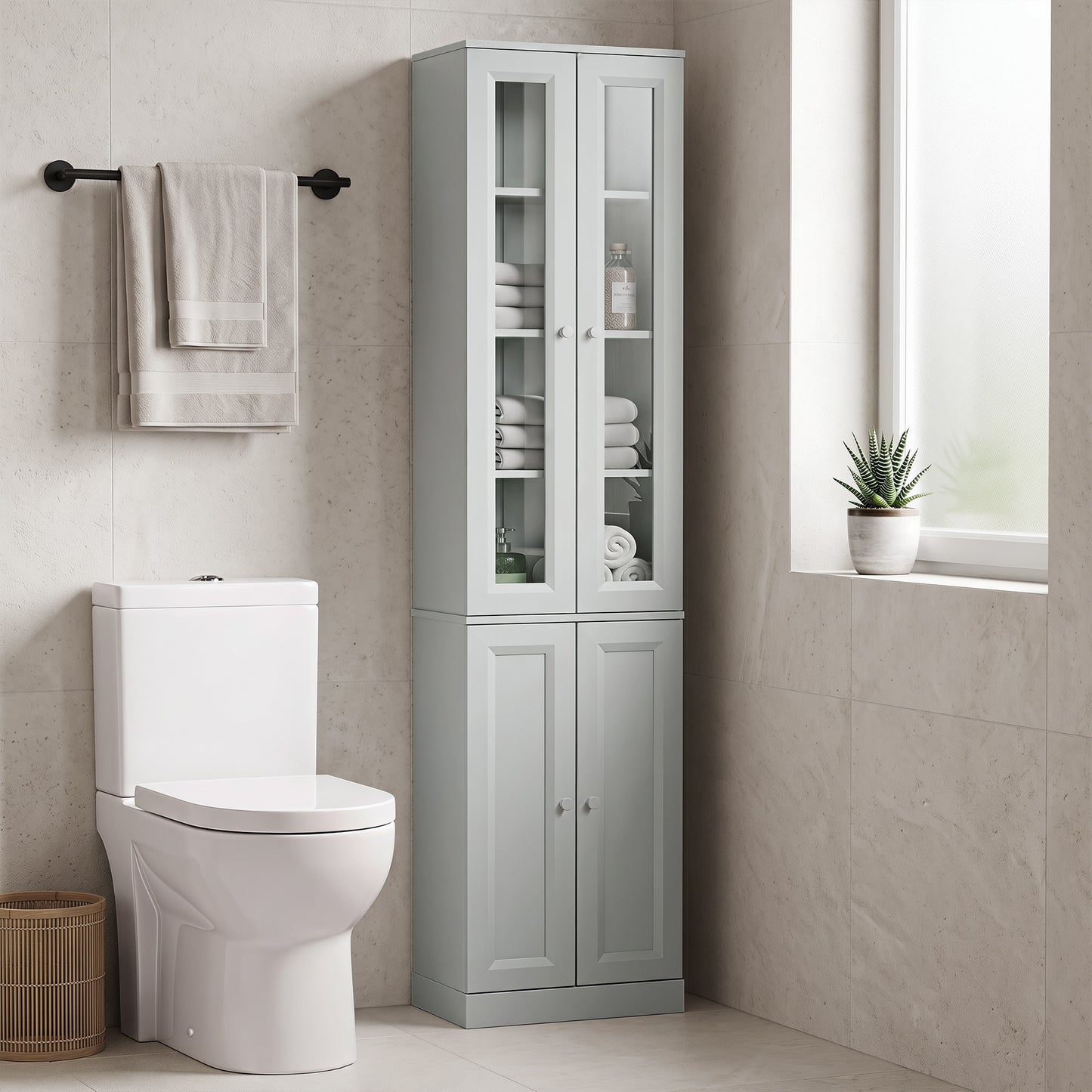 Tall Bathroom Storage Cabinet, 6-Tier Slim Bathroom Cabinet with Adjustable Shelf, 4 Soft-Close Doors, Dusty Blue