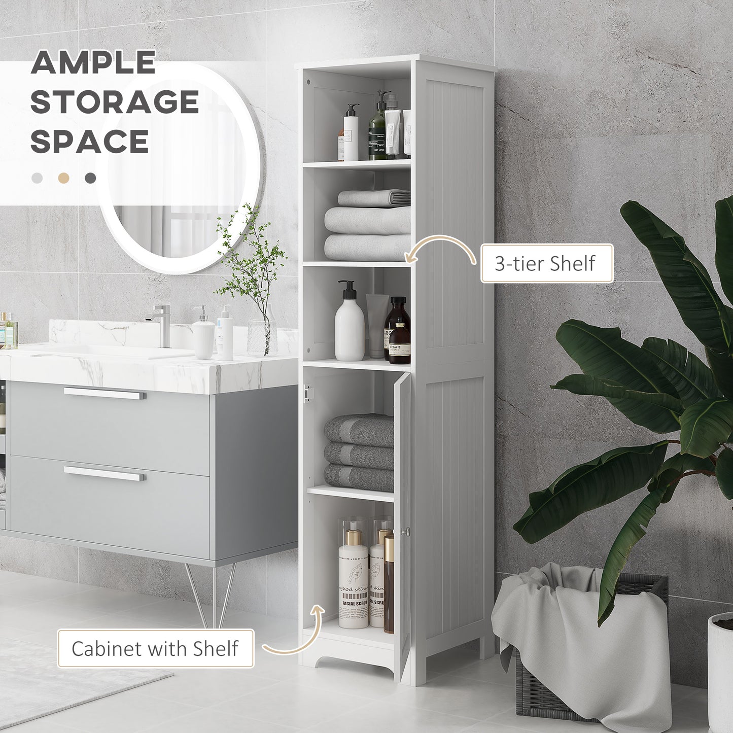 Slim Bathroom Storage Cabinet, Tall Bathroom Cabinet with 3 Open Shelves and Adjustable Shelf, White