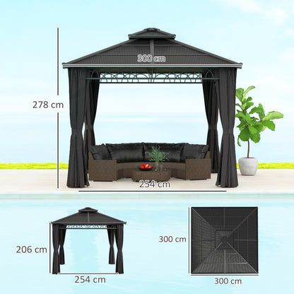 3 x 3 (m) Outdoor Polycarbonate Gazebo, Double Roof Hard Top Gazebo with Galvanised Steel Frame