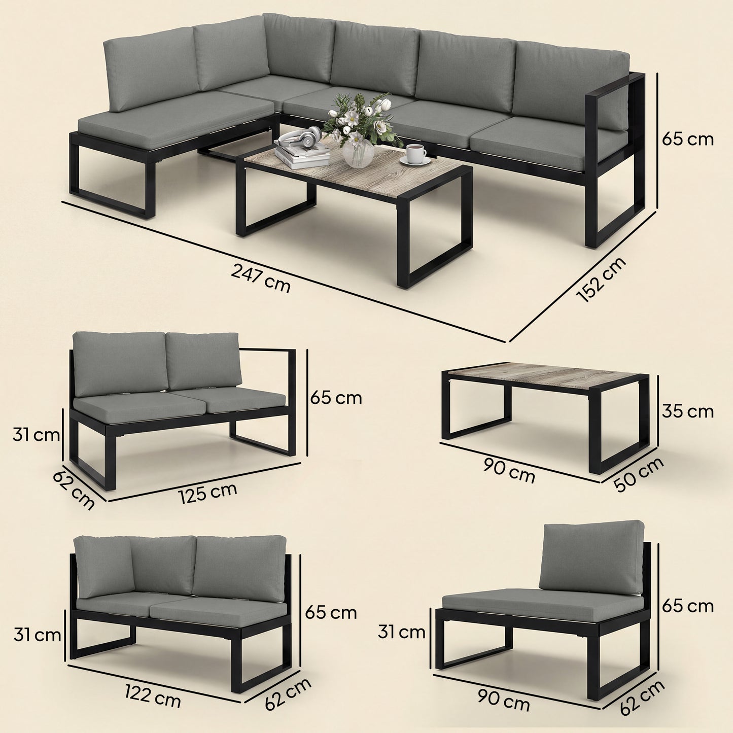 4 Piece Garden Furniture Set, Garden Sofa Set with 2 Loveseats, Armless Chair, Coffee Table for Balcony, Dark Grey