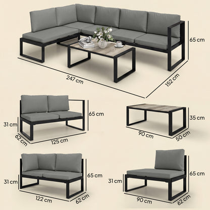 4 Piece Garden Furniture Set, Garden Sofa Set with 2 Loveseats, Armless Chair, Coffee Table for Balcony, Dark Grey
