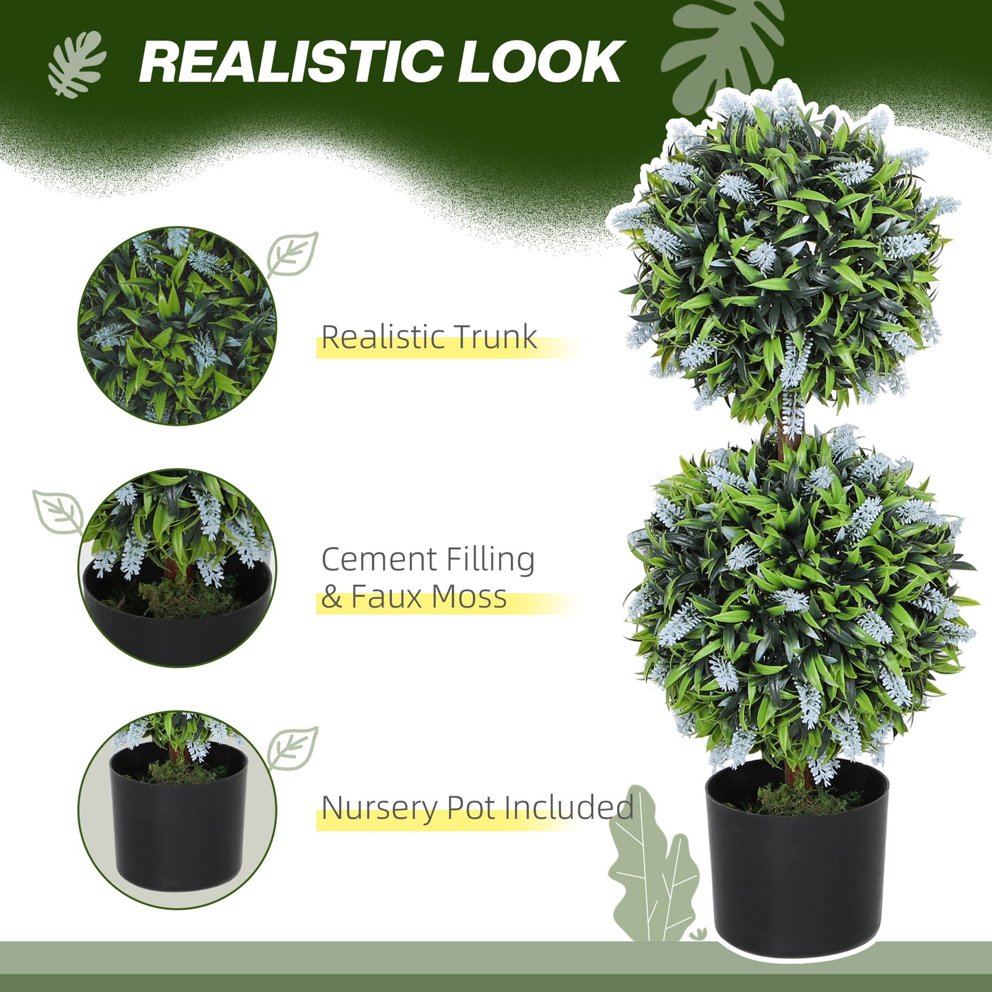 Set of 2 Artificial Plants, Lavender Flowers Ball Trees with Pot, for Home Indoor Outdoor Decor, 70cm