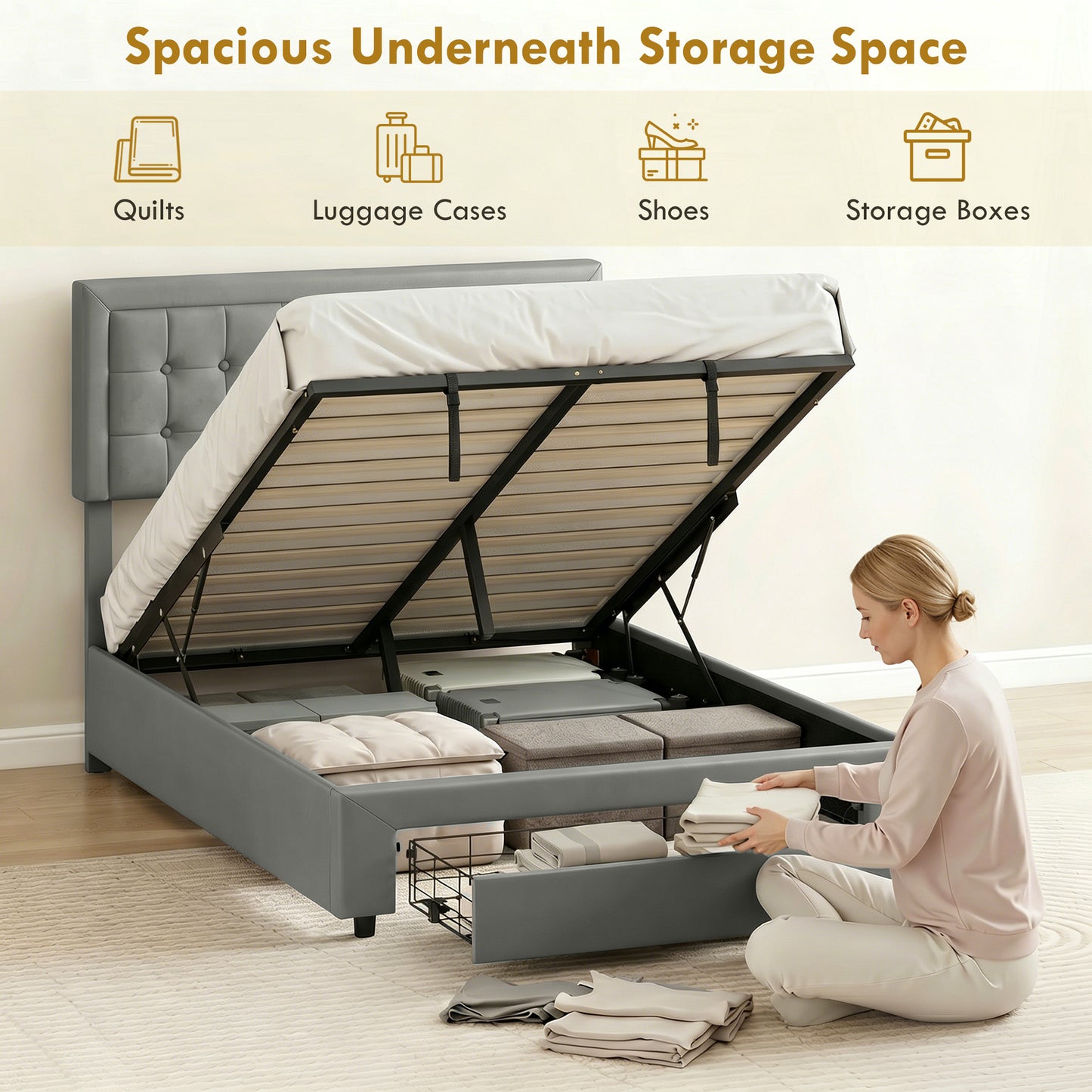 PU Leather King Size Ottoman Bed Frame, with Front Drawer - Grey
