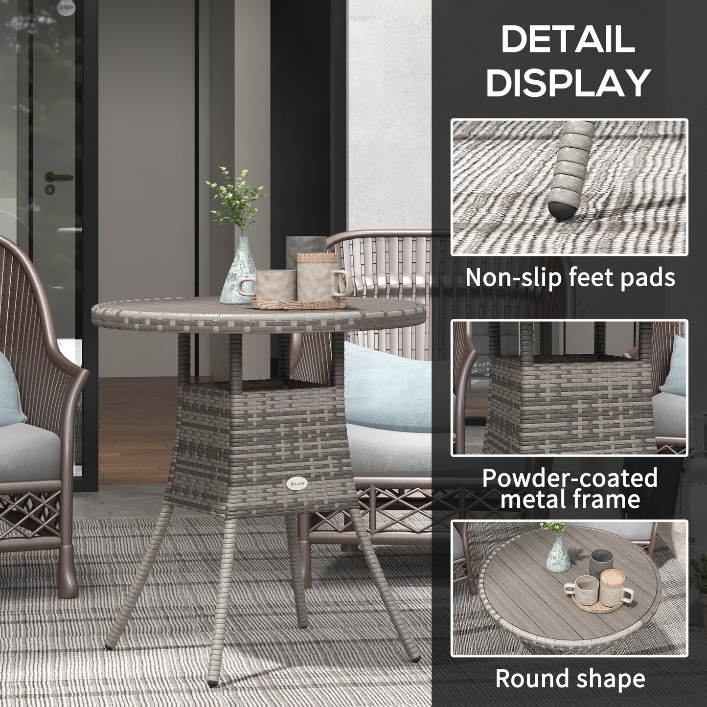 70 cm Wood-Effect Rattan Garden Table - Grey