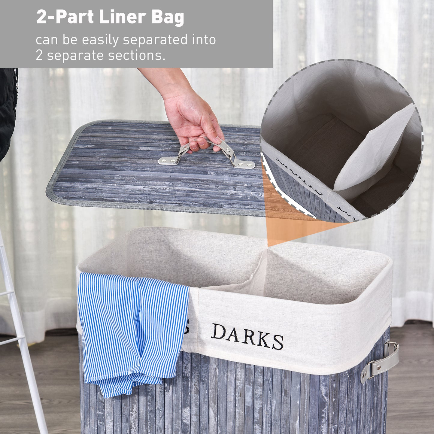 100L Collapsible Natural Wood Laundry Hamper Organizer Clothes Washing Basket Bin Storage Box w/Lid Removable Lining 52x32x63