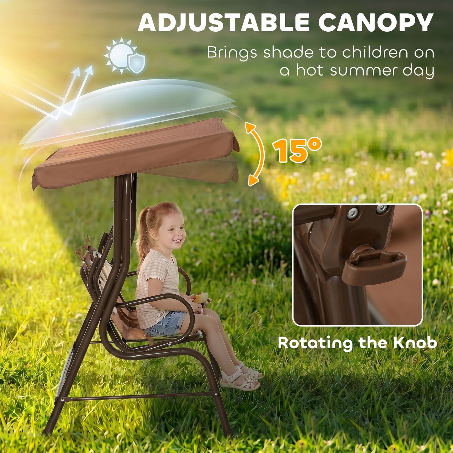 2 Seater Kids Garden Swing Seat, Children Outdoor Patio Lounge Chair for Gardens w/ Adjustable Awning, Seatbelt