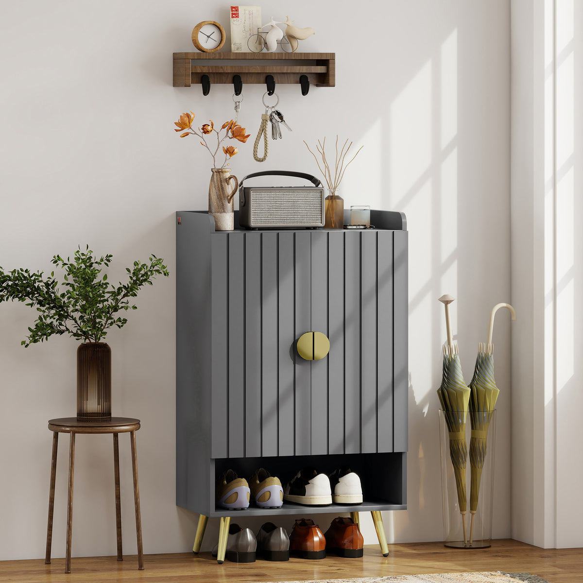 Modern Shoe Cabinet with 2 Doors, Open Shelf and Adjustable Shelves, 15 Pair Hallway Shoe Cupboard, Entryway Storage Unit