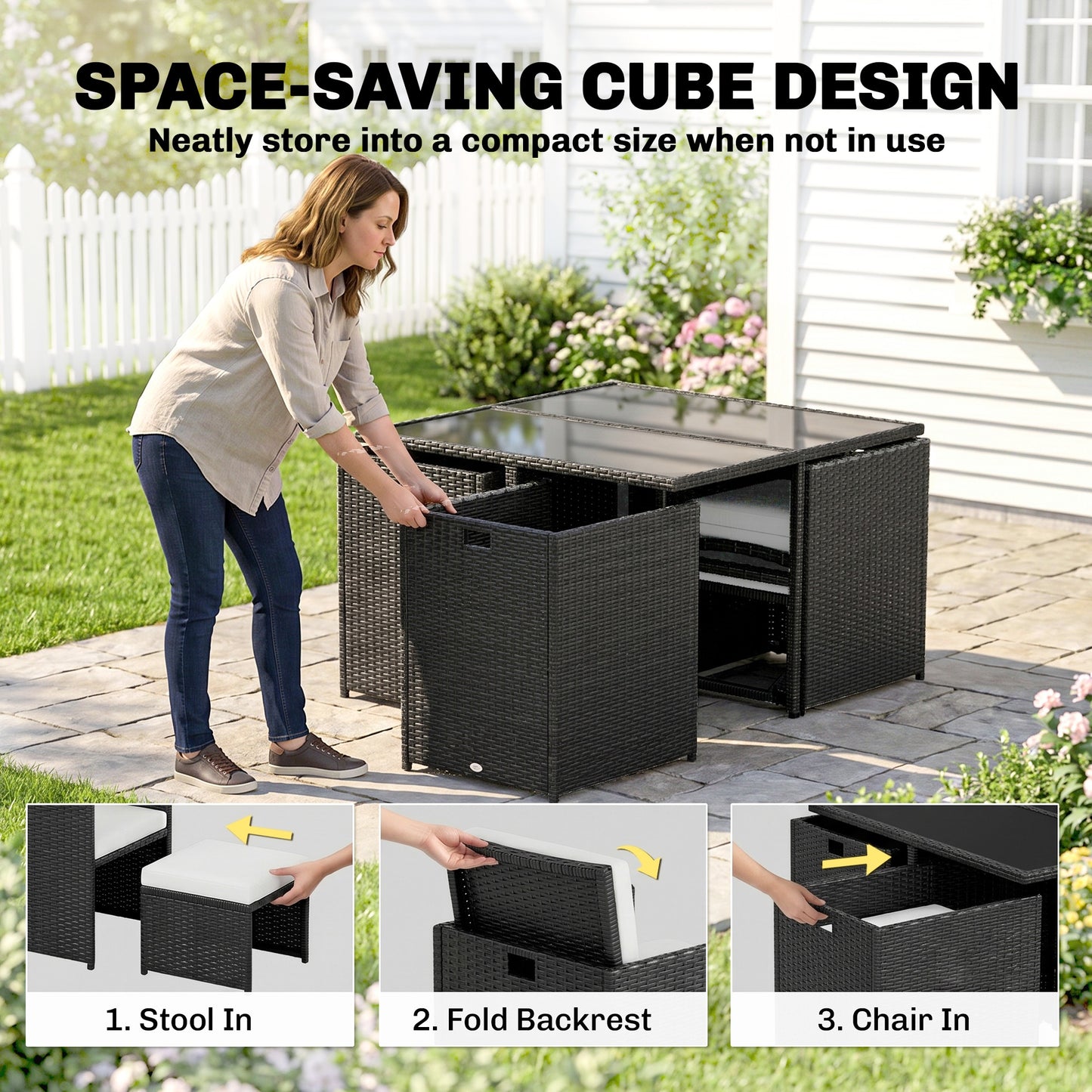 9 Piece Rattan Cube Garden Furniture Dining Set with Armchairs, Footstools and Glass-Top Table, Black