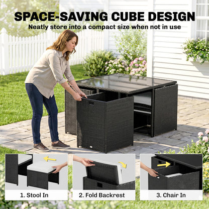 9 Piece Rattan Cube Garden Furniture Dining Set with Armchairs, Footstools and Glass-Top Table, Black