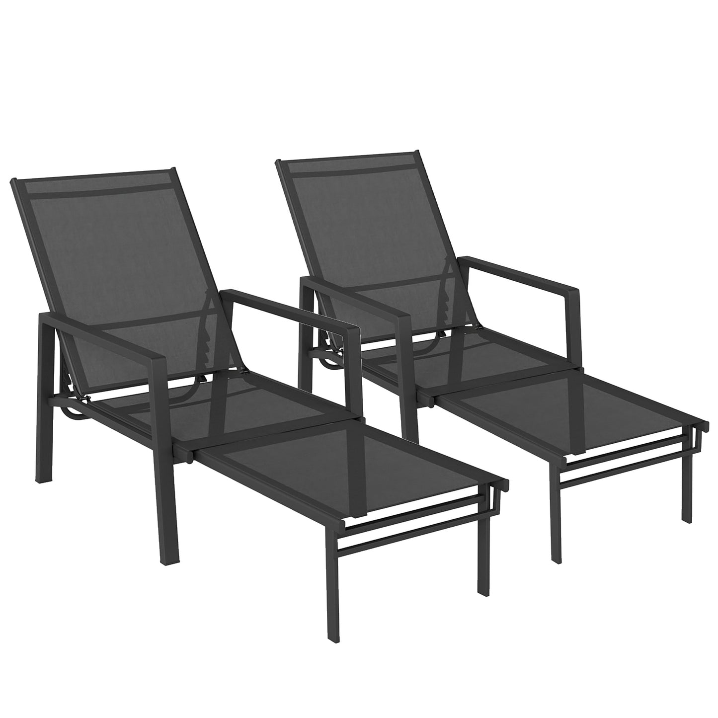 Sun Loungers Set of 2 Retractable Footrest 5-Position Adjustable Steel Frame for Beach, Porch, Patio, Camping, Black