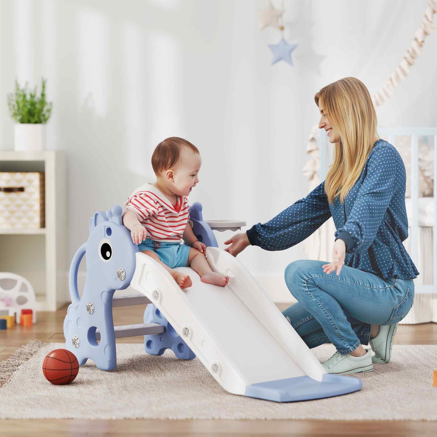 3 in 1 Kids Slide with Climber, Basketball Hoop and Ball, Giraffe Shape Climber Slide for Indoor Kids Age 1-3, Blue