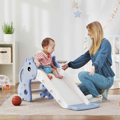 3 in 1 Kids Slide with Climber, Basketball Hoop and Ball, Giraffe Shape Climber Slide for Indoor Kids Age 1-3, Blue