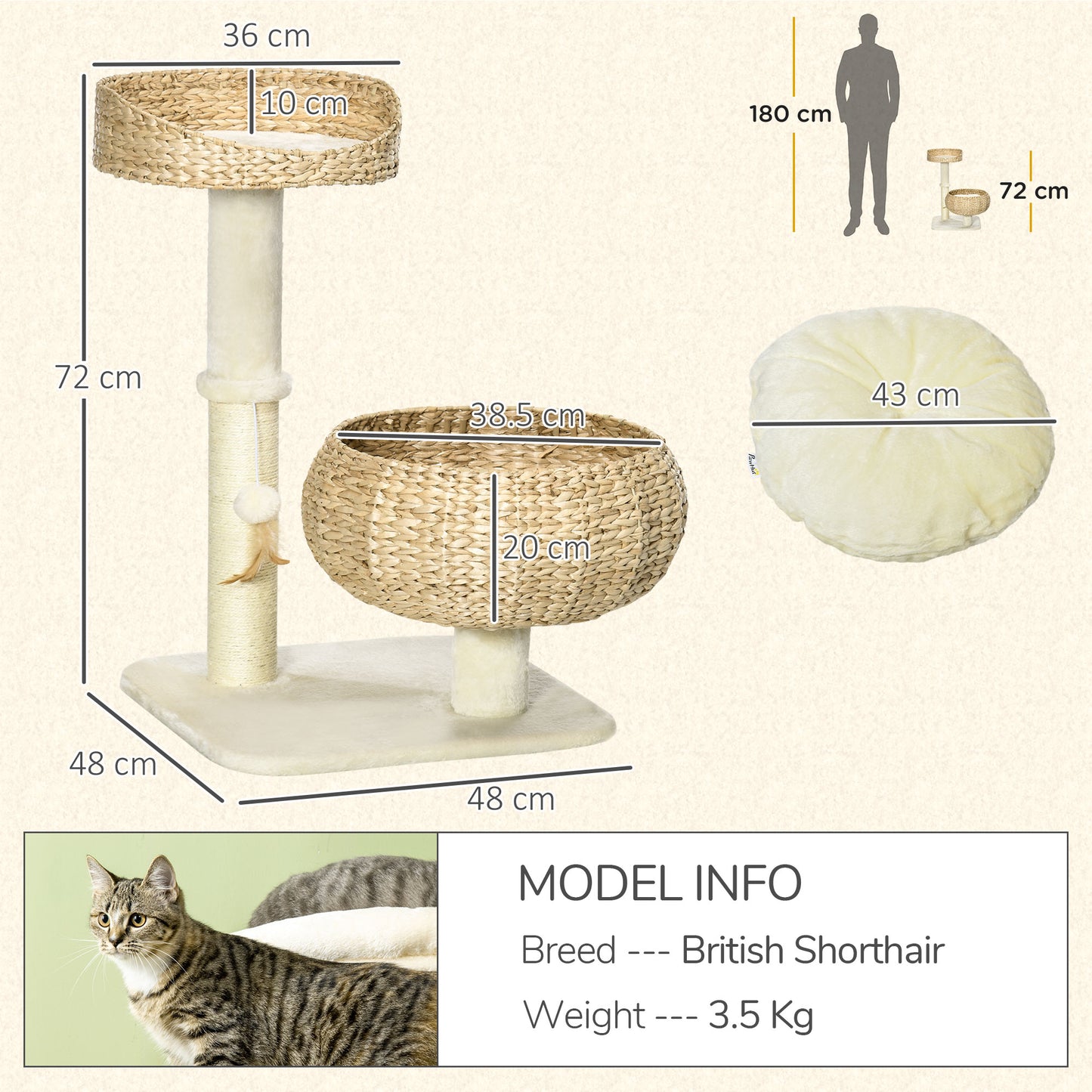 72cm Cat Tree Kitten Tower, with Sisal Scratching Post, Two Beds, Toy Ball