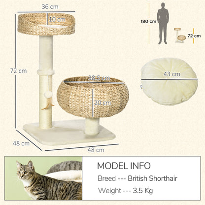 72cm Cat Tree Kitten Tower, with Sisal Scratching Post, Two Beds, Toy Ball