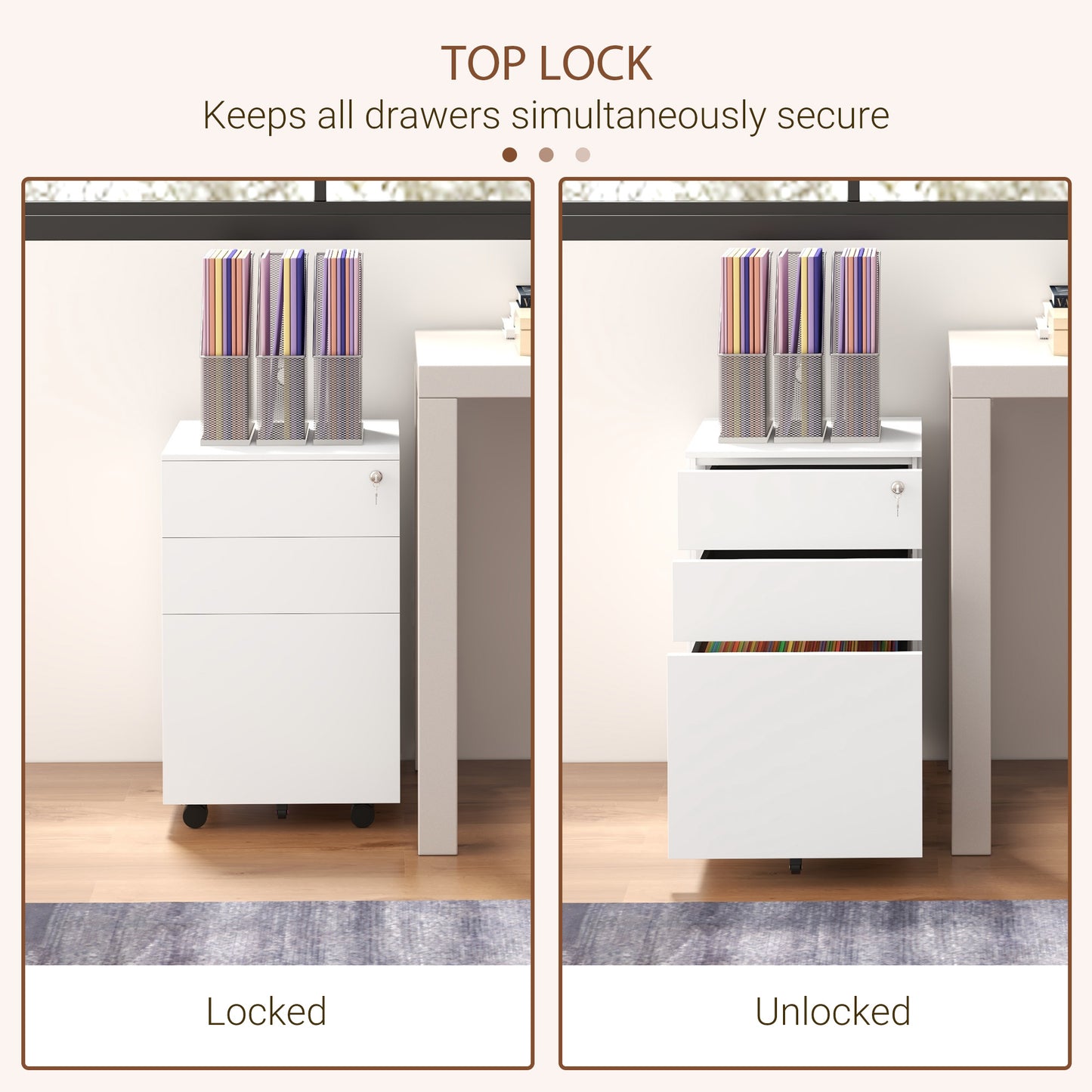 3-Drawer Vertical Filing Cabinet with Pencil Tray, Lock and 5 Wheels, Steel Mobile File Cabinet, for A4
