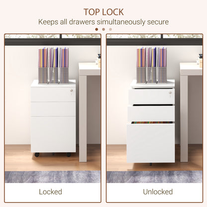 3-Drawer Vertical Filing Cabinet with Pencil Tray, Lock and 5 Wheels, Steel Mobile File Cabinet, for A4