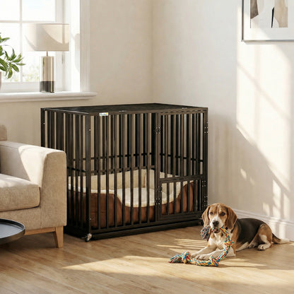 Heavy Duty Dog Crate, Dog Cage with Wheels for Small Medium Breeds, Metal Pet Kennel with Removable Tray