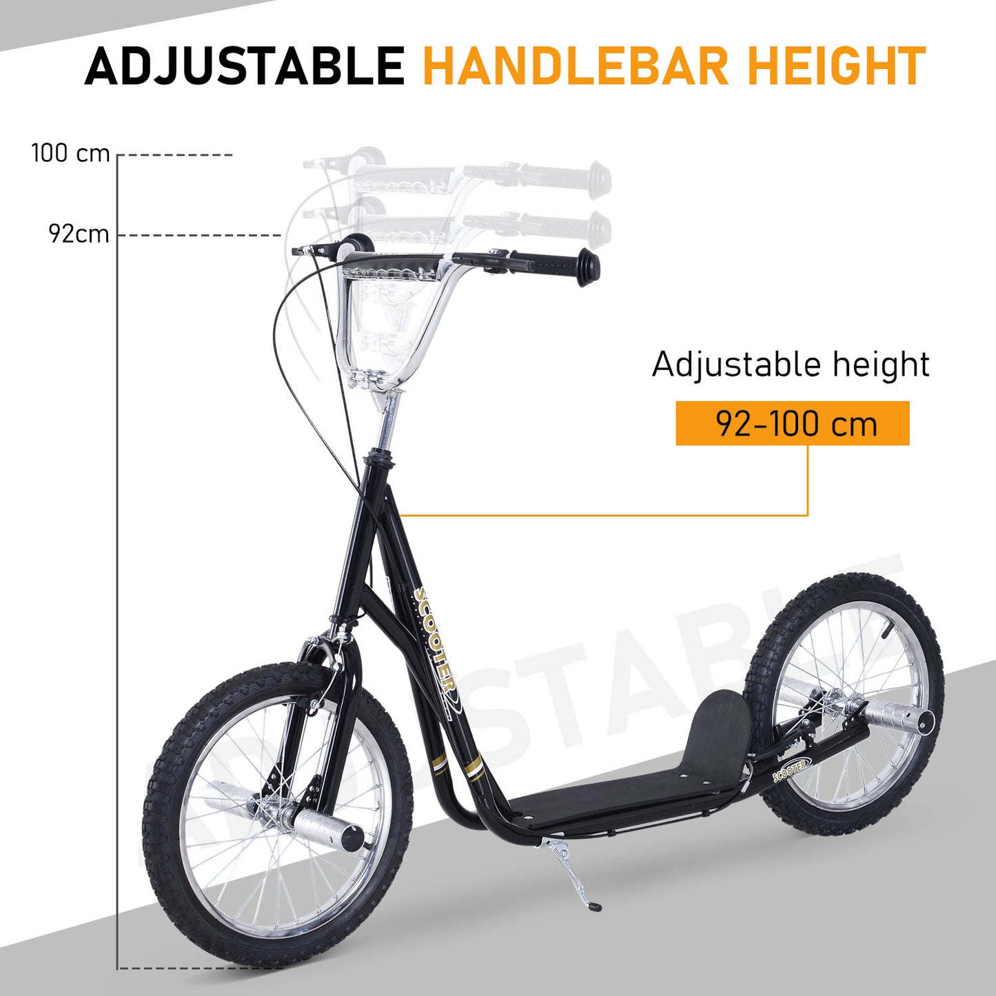 Stunt Scooter, Kids Scooter with 16" Big Wheels, Adjustable Height, Dual Brakes, for Ages 5+ Years, Black