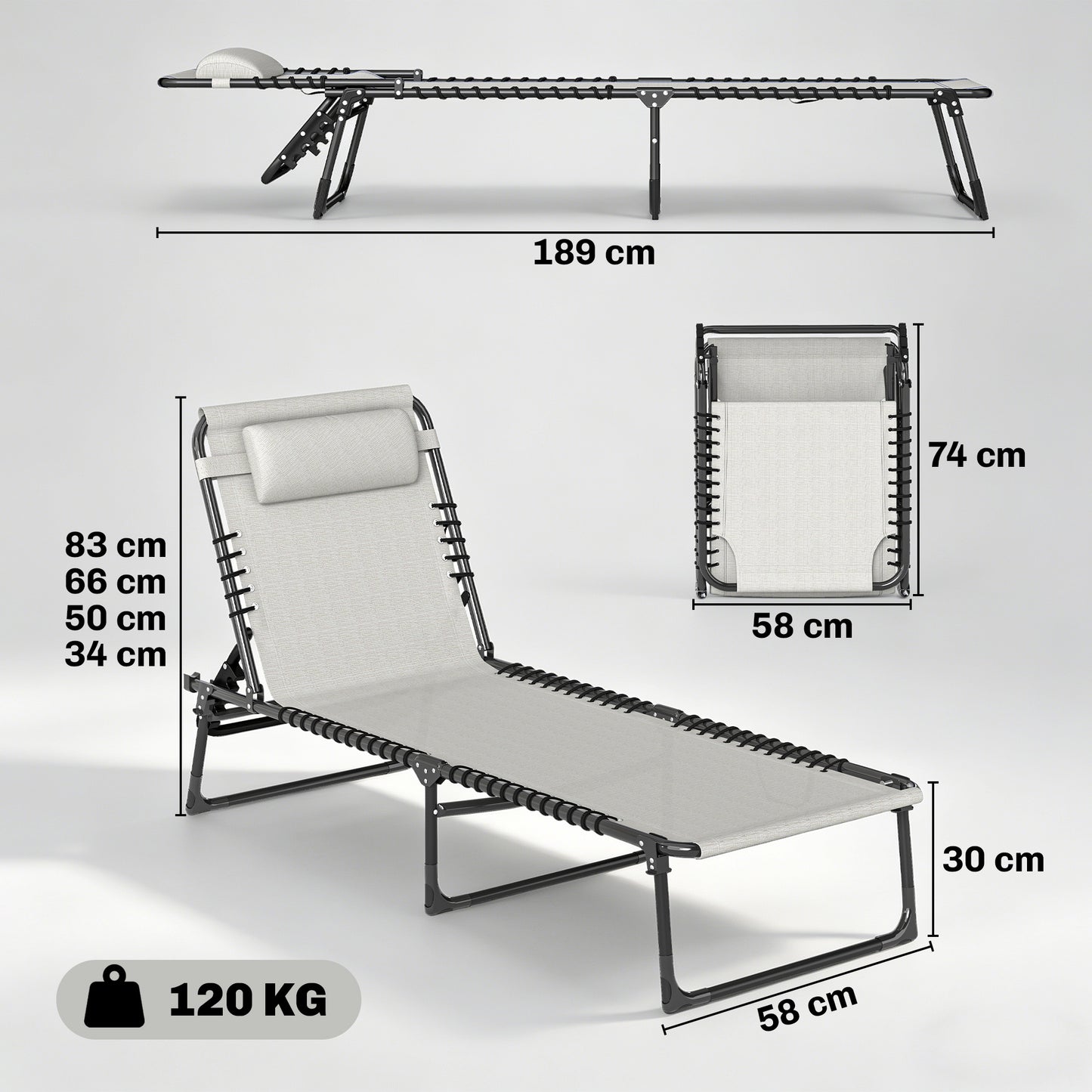 Foldable Sun Lounger, Outdoor 4 Level Adjustable Backrest Reclining Chaise Chair, Steel Frame Recliner Chair for Camping