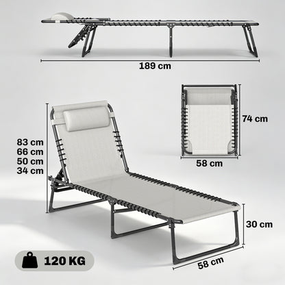 Foldable Sun Lounger, Outdoor 4 Level Adjustable Backrest Reclining Chaise Chair, Steel Frame Recliner Chair for Camping