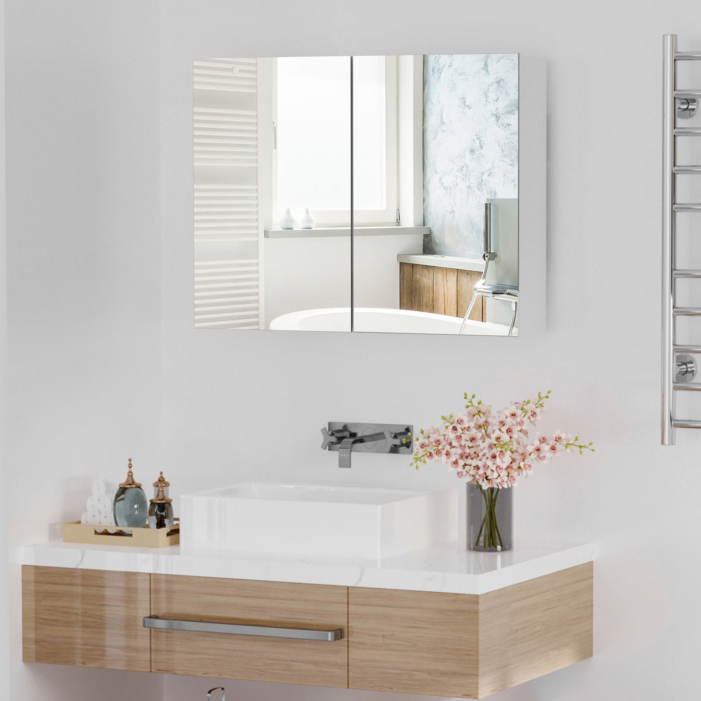 80 x 15 cm Double Door Bathroom Mirror Cabinet - White
