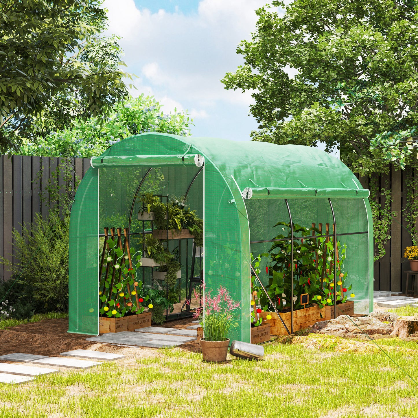 296 x 196cm Steel Frame Polytunnel Greenhouse - Green